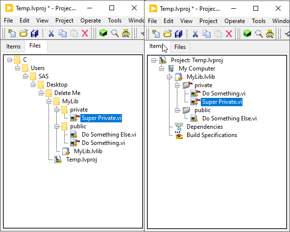 Shows a files view on the left and a project view on right where virtual folders are not in sync with disk folders.