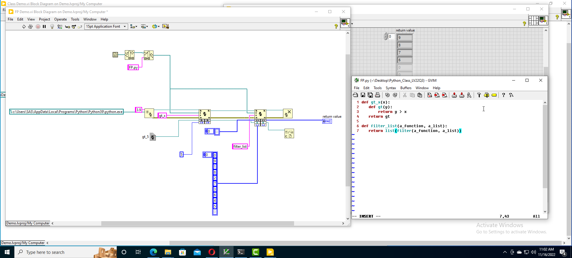 A LabVIEW Block Diagram showing the use of the Python Node to call some Python Code. The python code along with the ruselt is