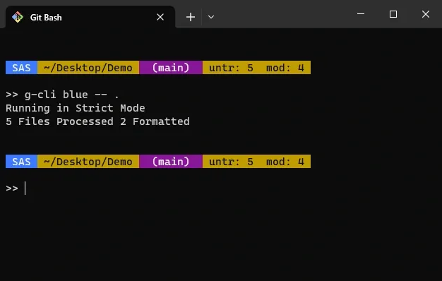 A screenshot showing a Git Bash Window. The command is`g-cli blue -- .` The output is "5 Files Processed 2 Formatted"