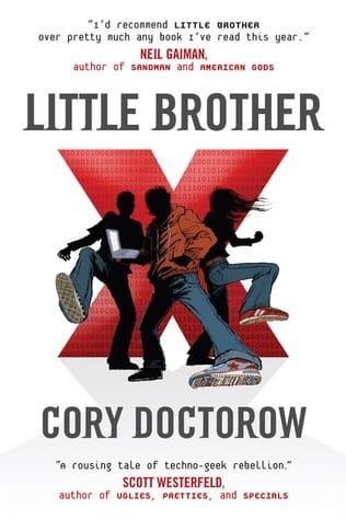 Book cover for little brother by Cory Doctorow. A giant Red X with 3 shadowy teenage figures in front of it. 