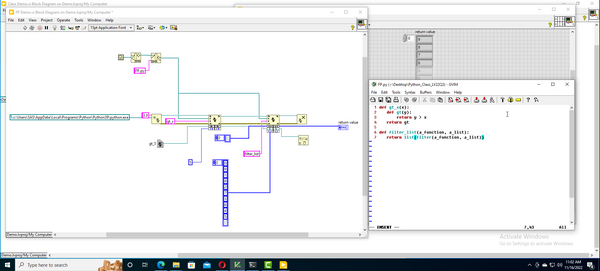 A LabVIEW Block Diagram showing the use of the Python Node to call some Python Code. The python code along with the ruselt is