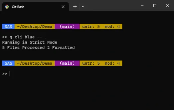 A screenshot showing a Git Bash Window. The command is`g-cli blue -- .` The output is "5 Files Processed 2 Formatted"