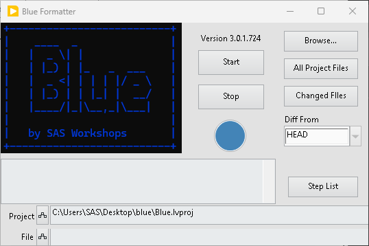 A LabVIEW UI for Blue Formatter. Has buttons to start and stop autoformatting, a text status windows plus a few extra buttons
