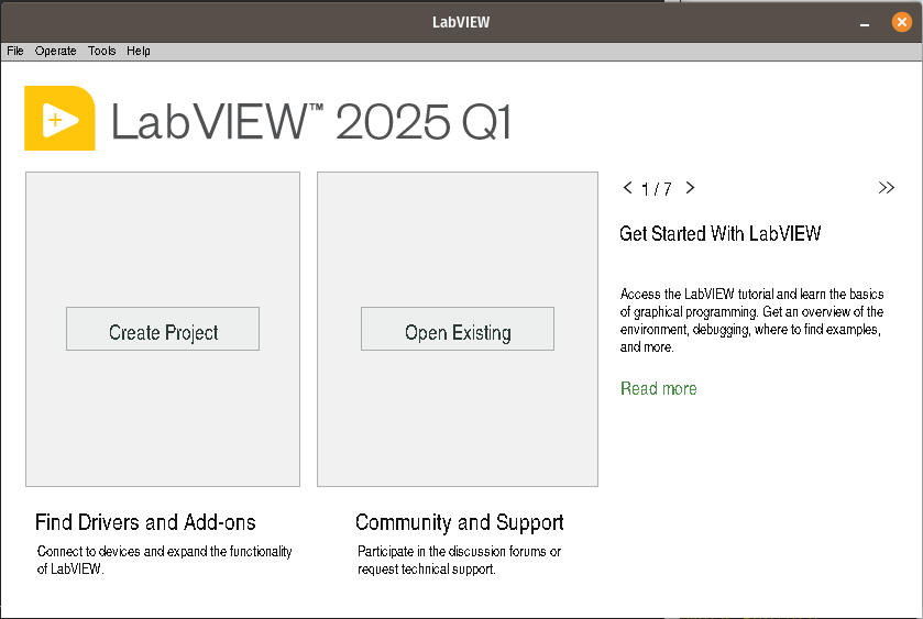 The LabVIEW Getting Started Screen for LabVIEW 2025Q1. Prominent buttons for Create Project and Open Existing.