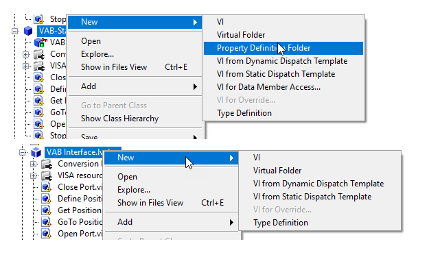 Two right click menus. One an LV Class with Property Definition Folder Highlighted. Another an Interface without that option.
