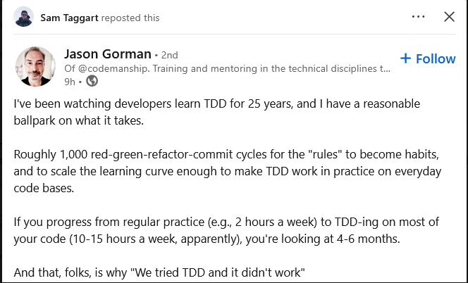 A post on Linked about "We tried TDD and it didn't work" Author mentions that it takes time.