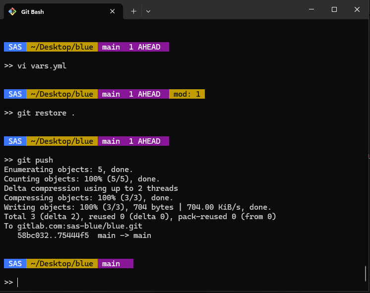 terminal window showing a colorful prompt reflecting the status of a git repository.