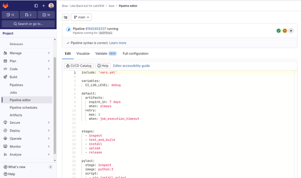 GitLab Web interface, showing the pipeline editor screen.
