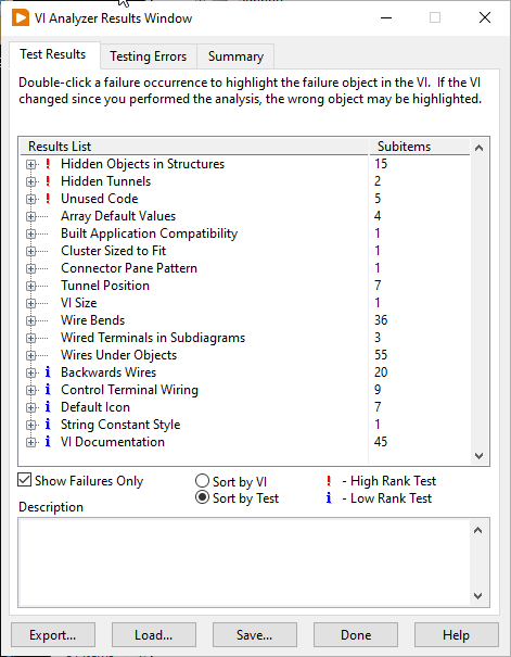  VI Analyzer Results Window showing lots of failed tests.