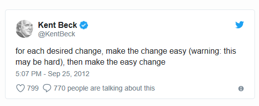 Tweet from Kent Beck: "For each desired change, make the change easy (warning: this may be hard), then make the easy change."