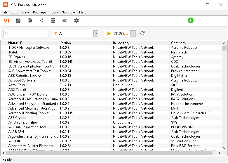 Scrennshot of VI Package Managar main screen. It lists a bunch of reusable packages along with buttons for various package management tasks.