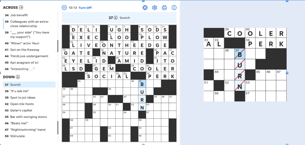 On the left a USA Today Crossword puzzle, showing a bunch of clues filled out, with the hints off to the left. All the clues are just normal text. On the right a blown up image showing a few of the squares. One of the words has each of its letters crossed out with a red slash.